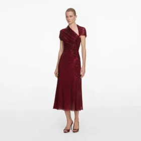 Red Rhinestone Drape Midi Dress