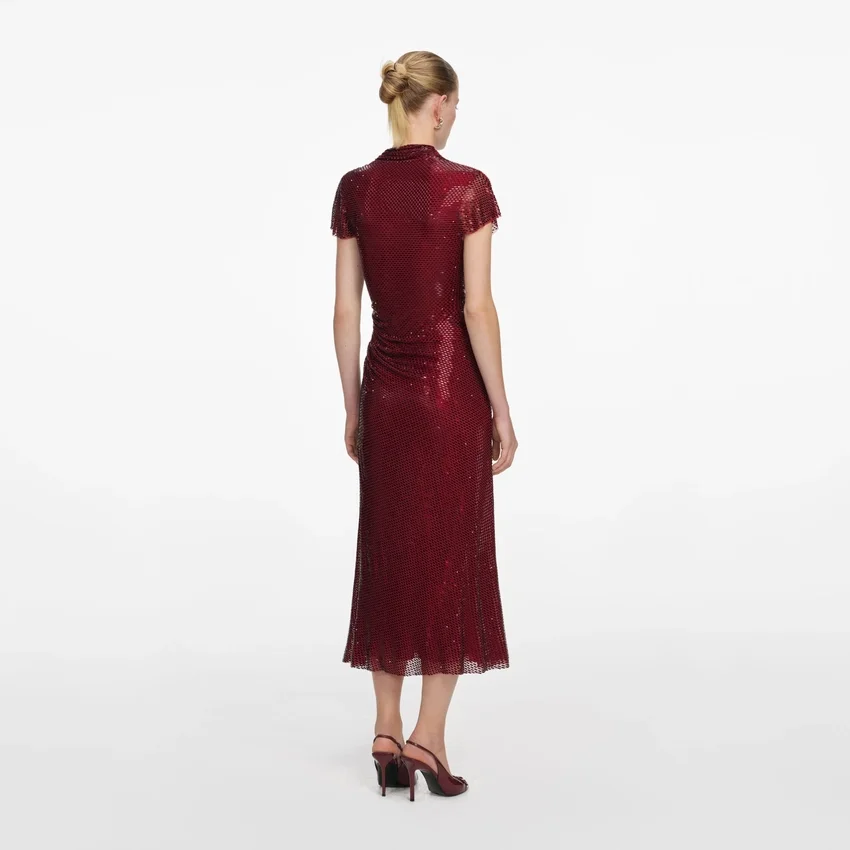 Red Rhinestone Drape Midi Dress Red Rhinestone Drape Midi Dress