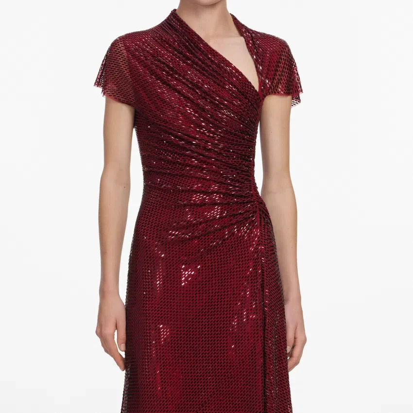 Red Rhinestone Drape Midi Dress Red Rhinestone Drape Midi Dress