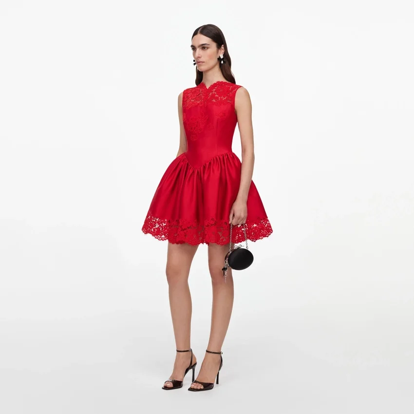 Red Taffeta Lace Mini Dress Red Taffeta Lace Mini Dress