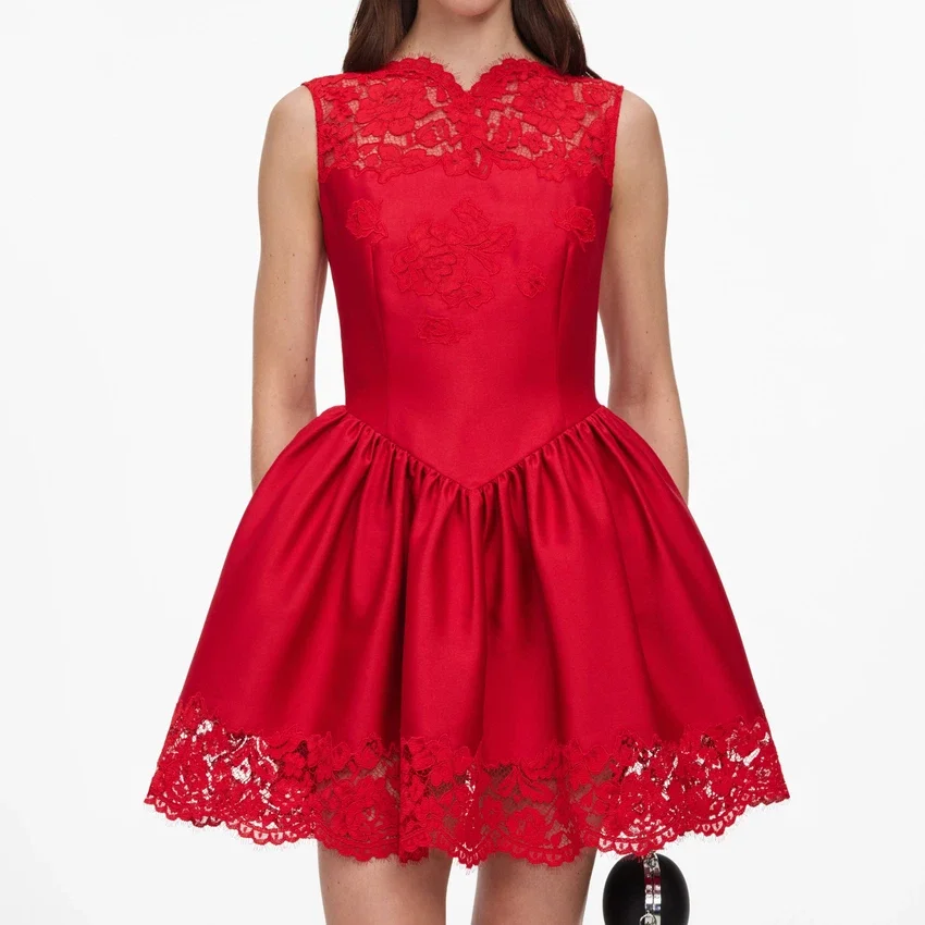 Red Taffeta Lace Mini Dress Red Taffeta Lace Mini Dress