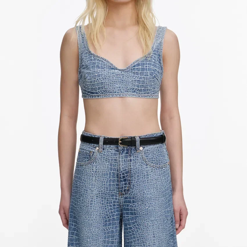 Rhinestone Croc Effect Denim Bralette Rhinestone Croc Effect Denim Bralette