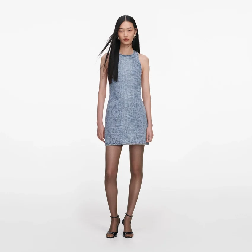 Rhinestone Croc Effect Denim Mini Dress Rhinestone Croc Effect Denim Mini Dress