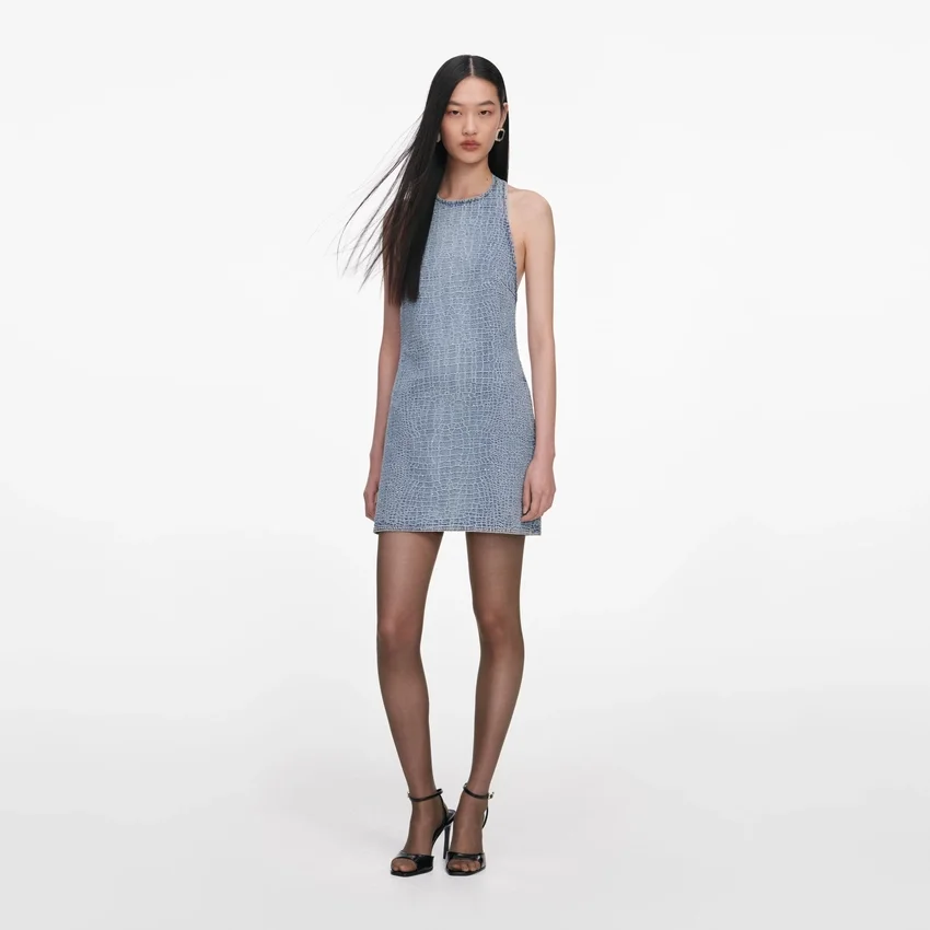 Rhinestone Croc Effect Denim Mini Dress Rhinestone Croc Effect Denim Mini Dress