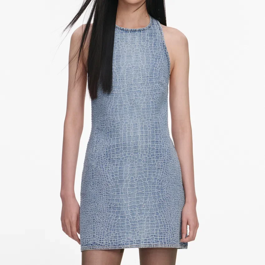 Rhinestone Croc Effect Denim Mini Dress Rhinestone Croc Effect Denim Mini Dress