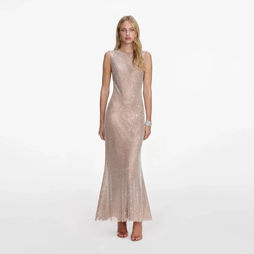 Silver Rhinestone Mesh Midi Dress Silver Rhinestone Mesh Midi Dress