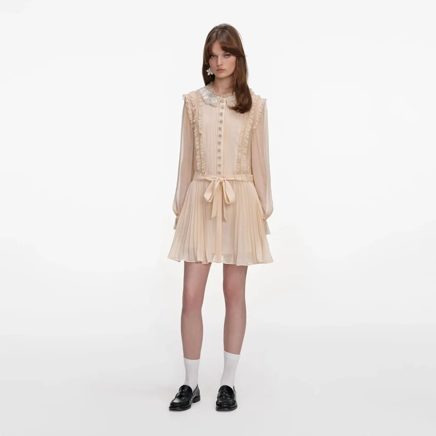 Tan Pleated Georgette Mini Dress Tan Pleated Georgette Mini Dress