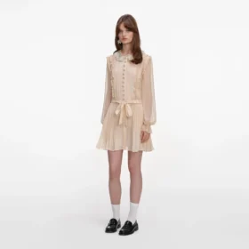 Tan Pleated Georgette Mini Dress