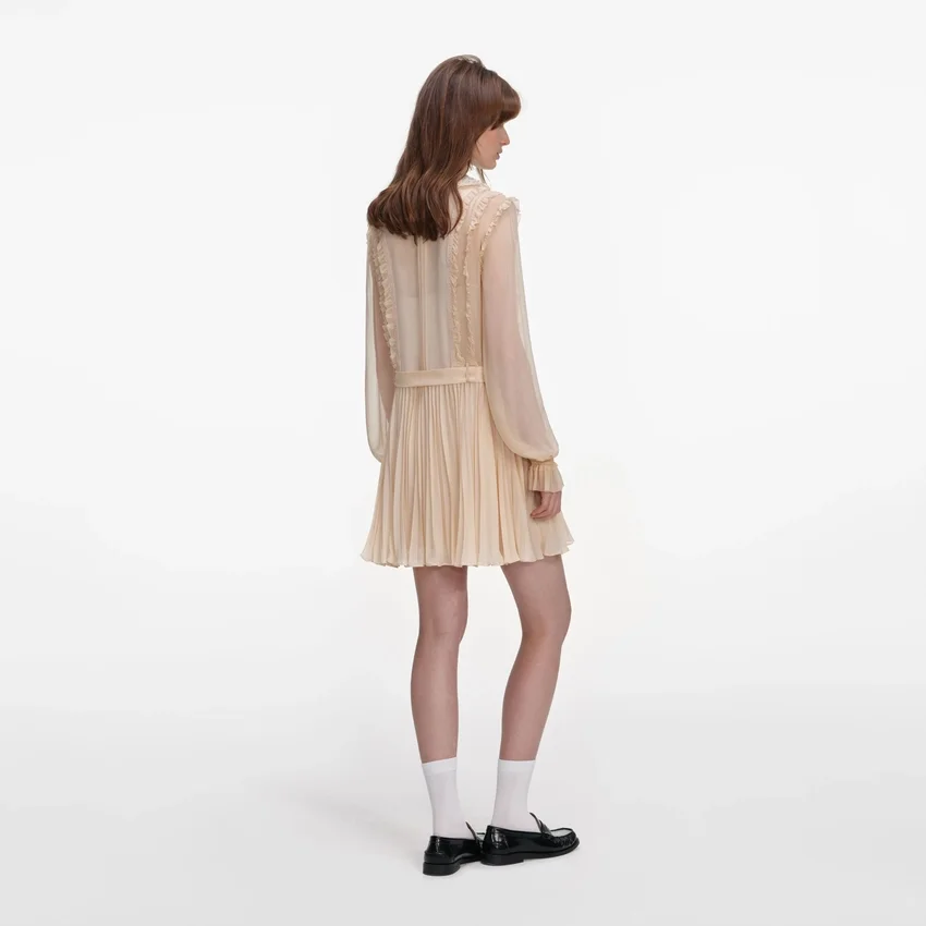 Tan Pleated Georgette Mini Dress Tan Pleated Georgette Mini Dress