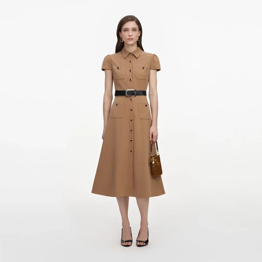 Tan Twill Belted Midi Dress Tan Twill Belted Midi Dress