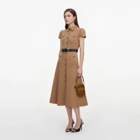 Tan Twill Belted Midi Dress