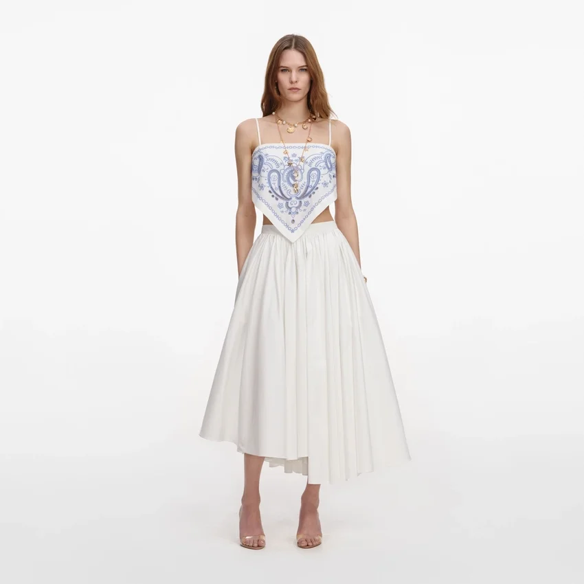 White And Blue Embroidered Linen Top White And Blue Embroidered Linen Top
