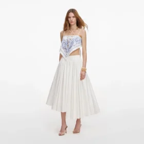 White And Blue Embroidered Linen Top