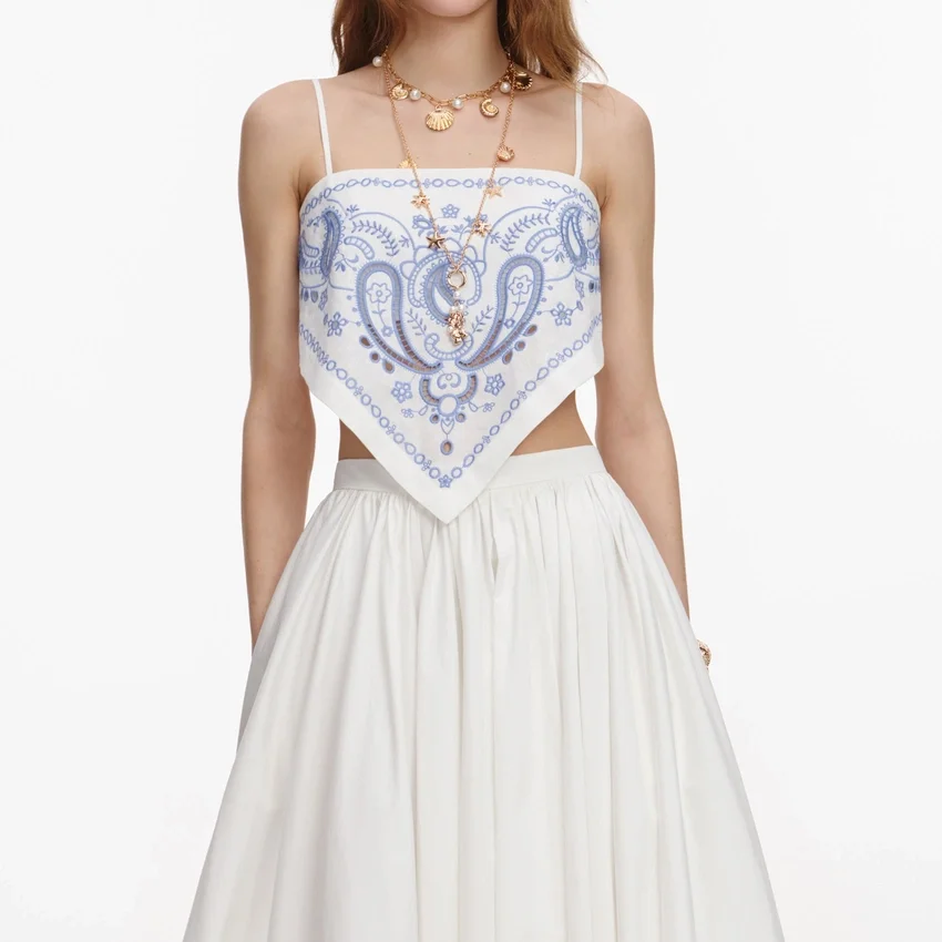 White And Blue Embroidered Linen Top White And Blue Embroidered Linen Top