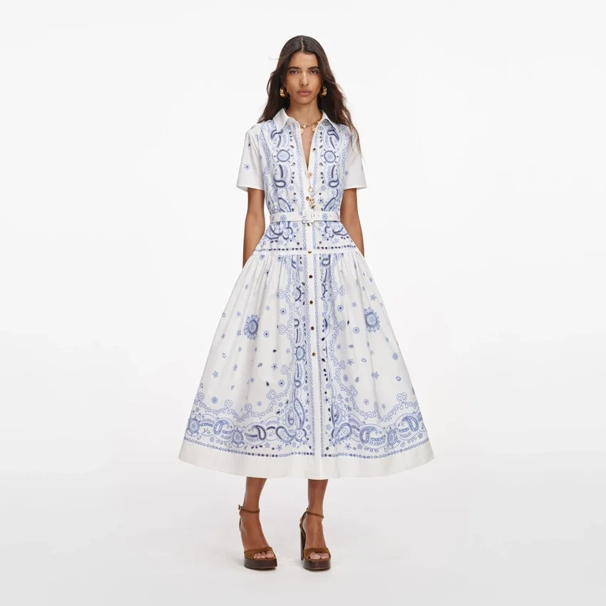 White And Blue Embroidered Midi Dress White And Blue Embroidered Midi Dress