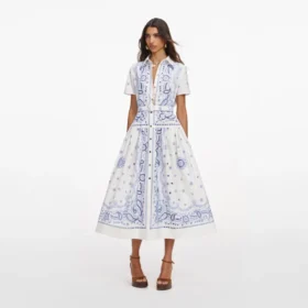 White And Blue Embroidered Midi Dress