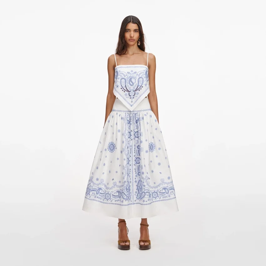 White And Blue Embroidered Midi Skirt White And Blue Embroidered Midi Skirt