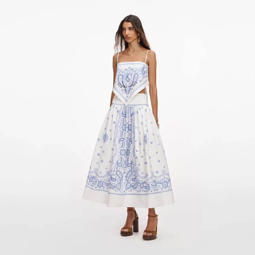 White And Blue Embroidered Midi Skirt White And Blue Embroidered Midi Skirt