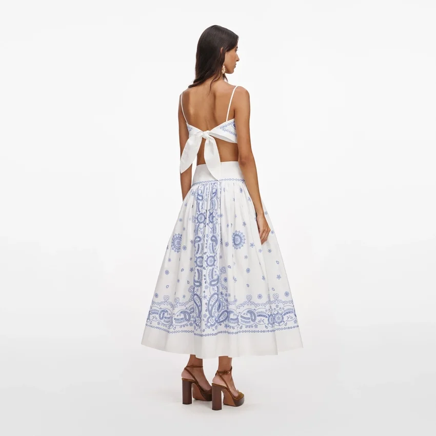 White And Blue Embroidered Midi Skirt White And Blue Embroidered Midi Skirt