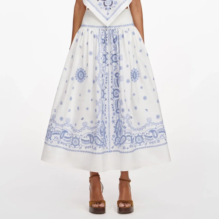 White And Blue Embroidered Midi Skirt White And Blue Embroidered Midi Skirt