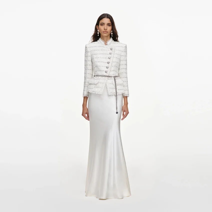 White Boucle Satin Maxi Dress White Boucle Satin Maxi Dress