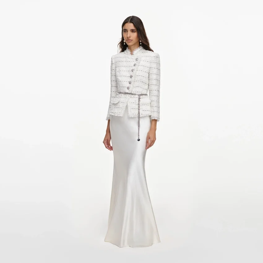 White Boucle Satin Maxi Dress White Boucle Satin Maxi Dress
