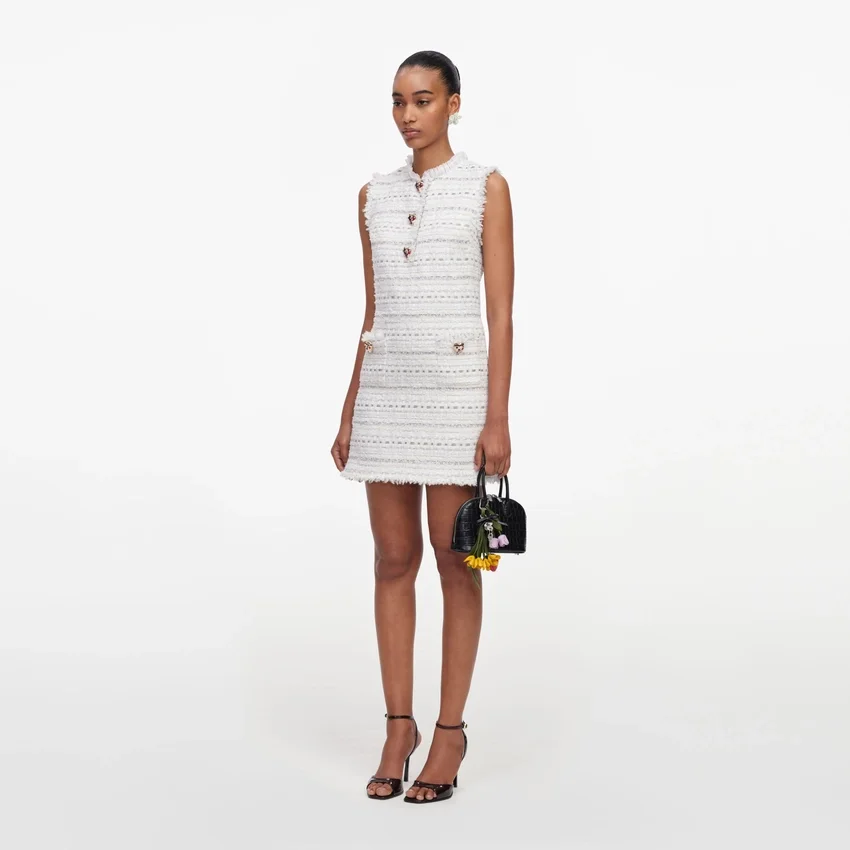 White Boucle Sleeveless Mini Dress White Boucle Sleeveless Mini Dress