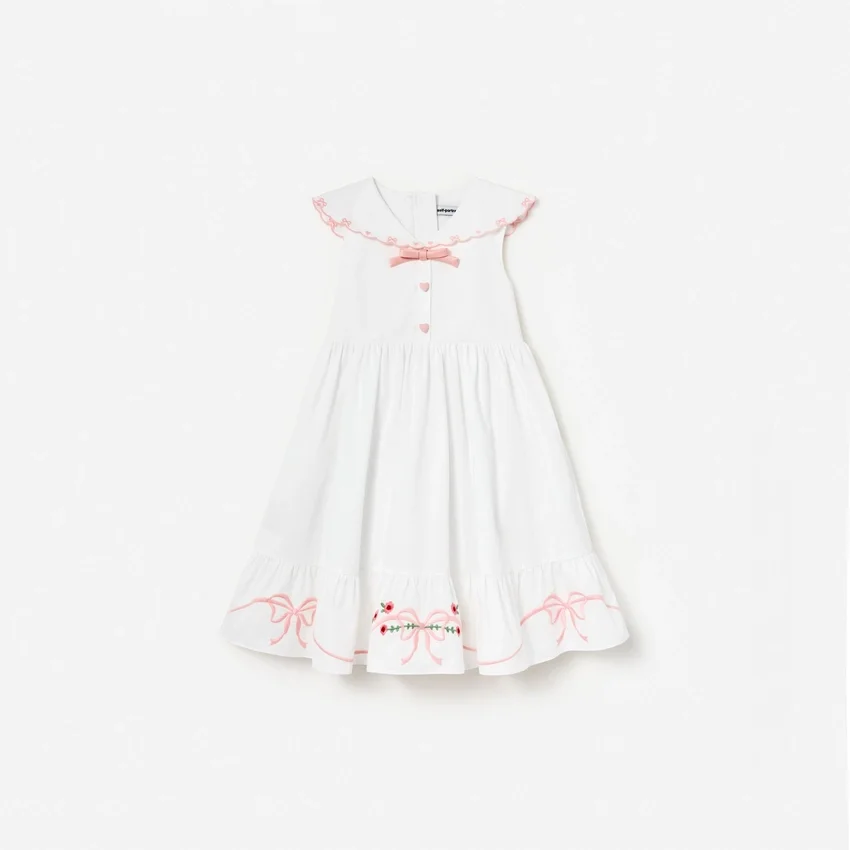 White Cotton Bow Embroidered Dress White Cotton Bow Embroidered Dress