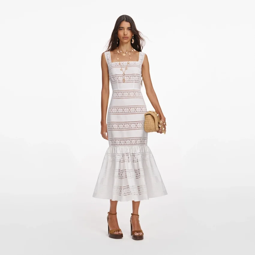 White Cotton Embroidered Midi Dress White Cotton Embroidered Midi Dress
