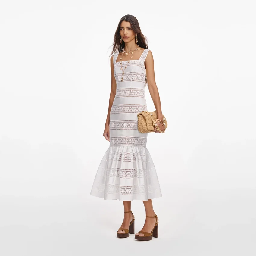 White Cotton Embroidered Midi Dress White Cotton Embroidered Midi Dress