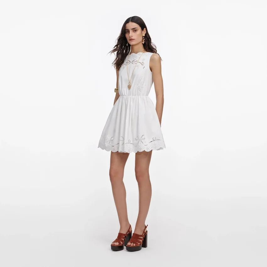 White Cotton Embroidered Mini Dress White Cotton Embroidered Mini Dress