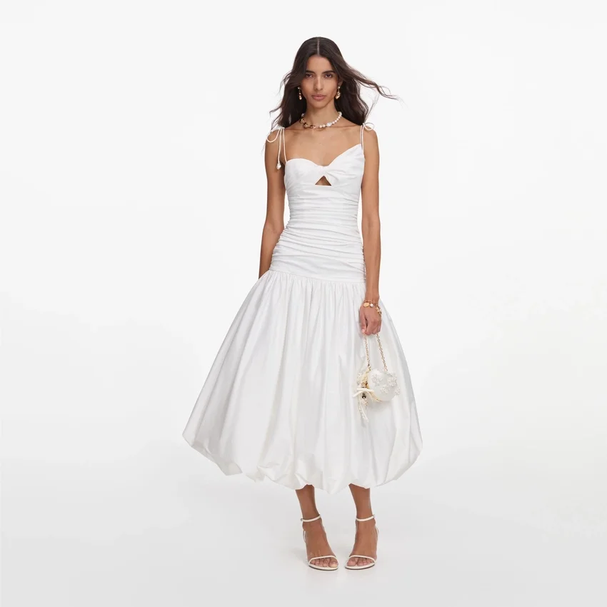 White Cotton Gathered Midi Dress White Cotton Gathered Midi Dress