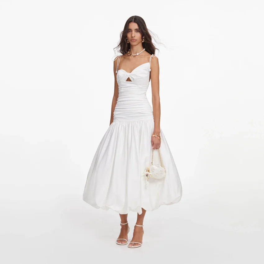 White Cotton Gathered Midi Dress White Cotton Gathered Midi Dress