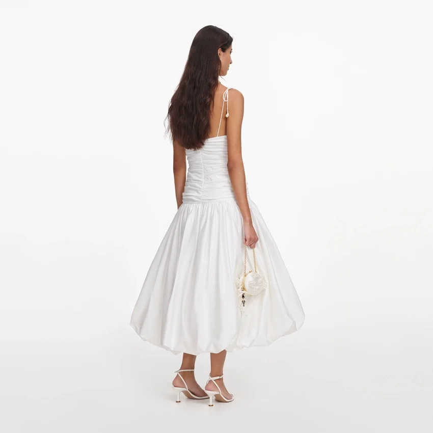 White Cotton Gathered Midi Dress White Cotton Gathered Midi Dress