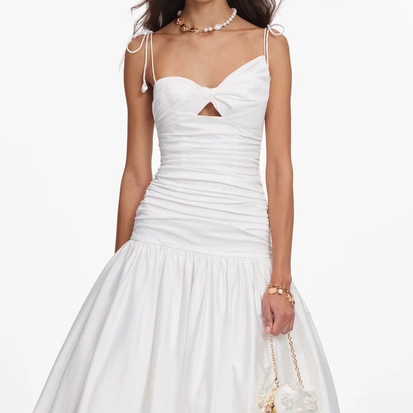 White Cotton Gathered Midi Dress White Cotton Gathered Midi Dress