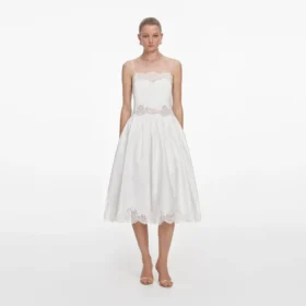 White Cotton Lace Trim Midi Dress