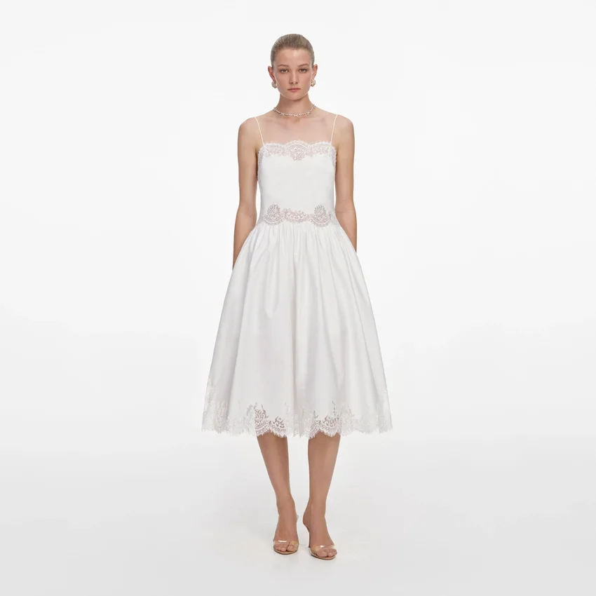 White Cotton Lace Trim Midi Dress White Cotton Lace Trim Midi Dress