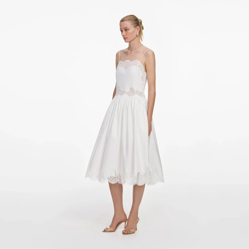 White Cotton Lace Trim Midi Dress White Cotton Lace Trim Midi Dress