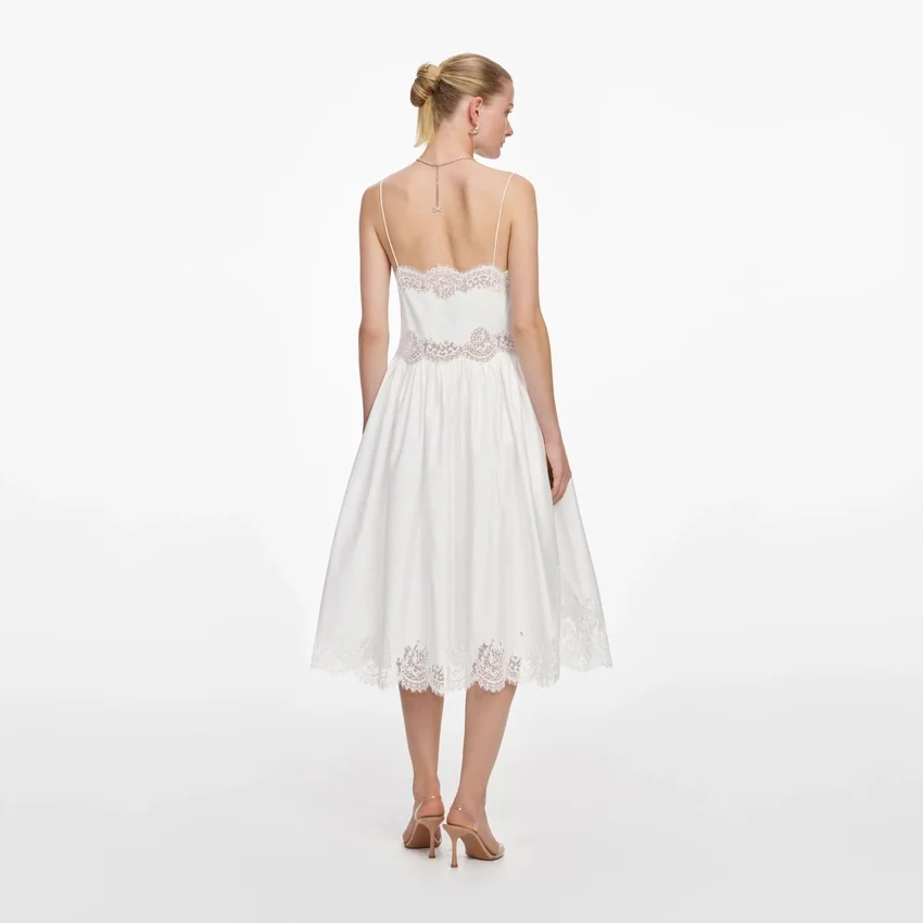 White Cotton Lace Trim Midi Dress White Cotton Lace Trim Midi Dress