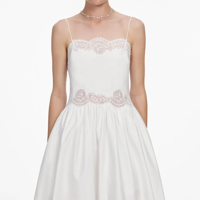 White Cotton Lace Trim Midi Dress White Cotton Lace Trim Midi Dress