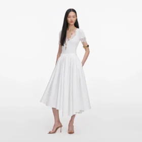 White Cotton Poplin Midi Skirt