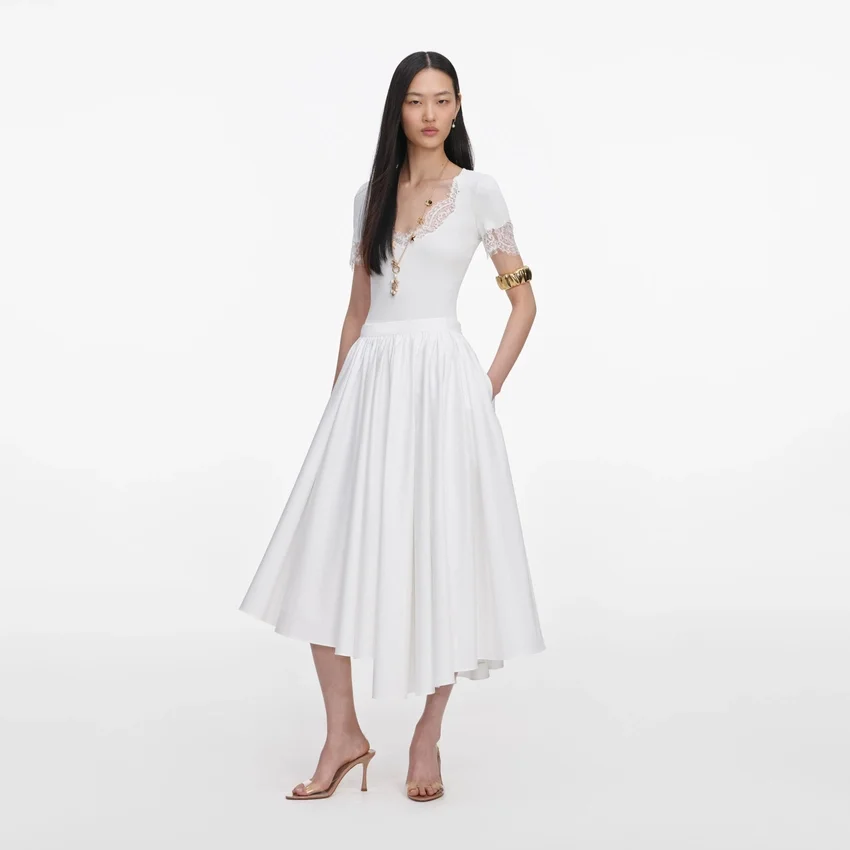 White Cotton Poplin Midi Skirt White Cotton Poplin Midi Skirt