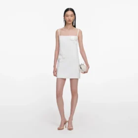 White Crepe 3D Sequin Flower Mini Dress
