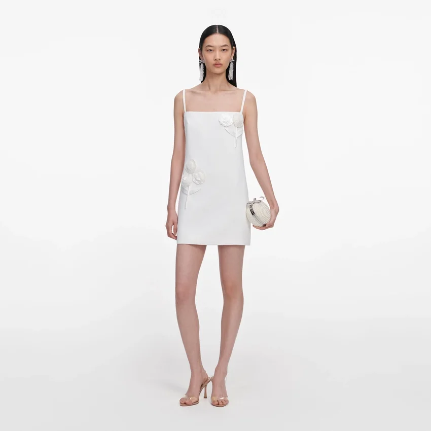 White Crepe 3D Sequin Flower Mini Dress White Crepe 3D Sequin Flower Mini Dress