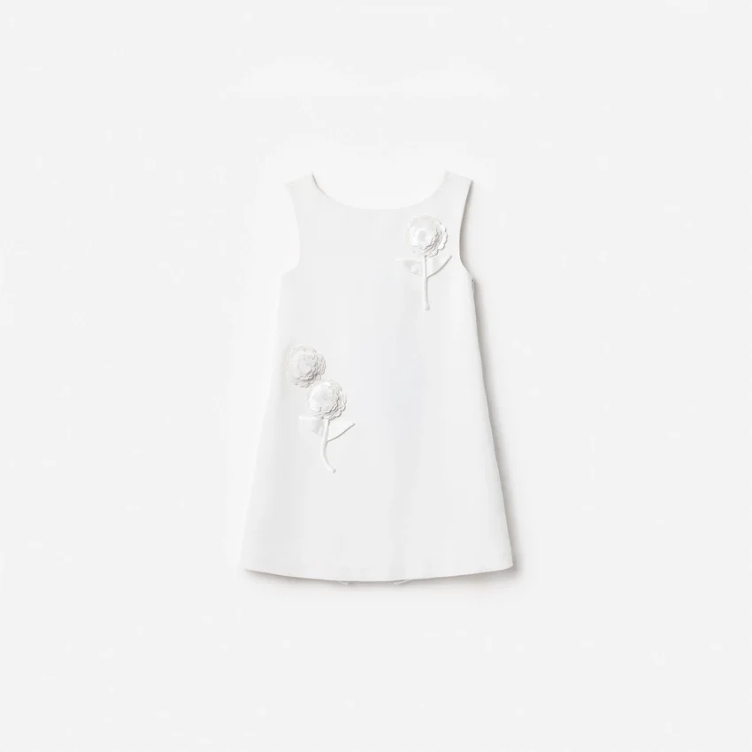 White Crepe Sequin Flower Dress White Crepe Sequin Flower Dress