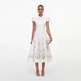 White Floral Linen Blend Midi Dress