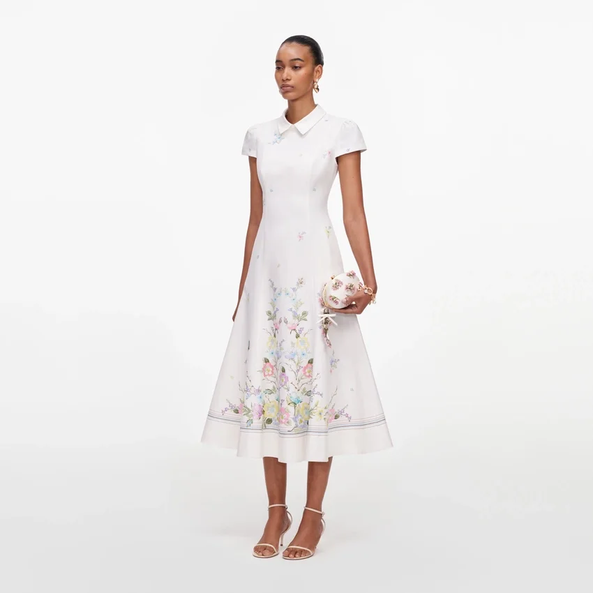 White Floral Linen Blend Midi Dress White Floral Linen Blend Midi Dress