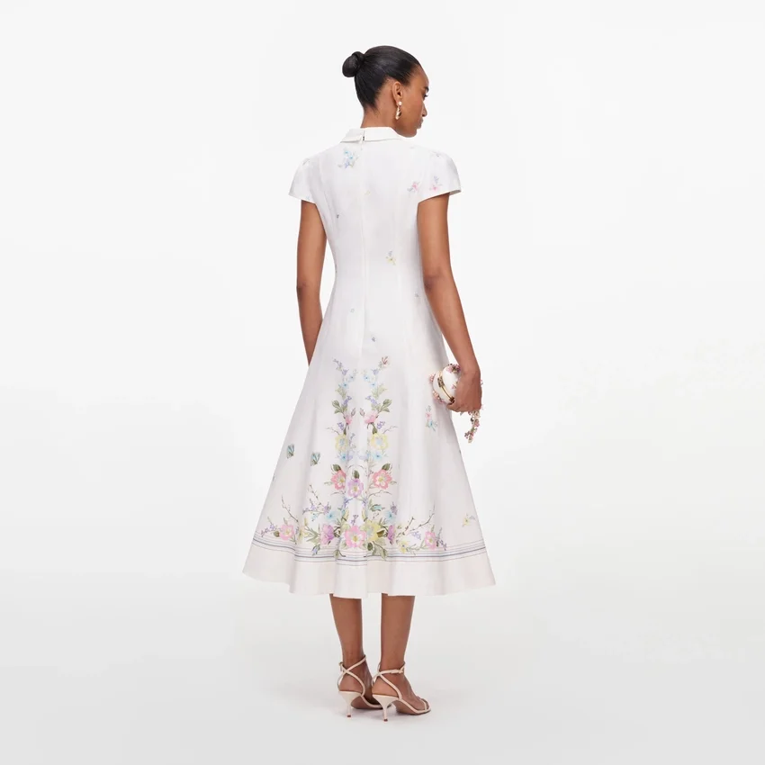 White Floral Linen Blend Midi Dress White Floral Linen Blend Midi Dress