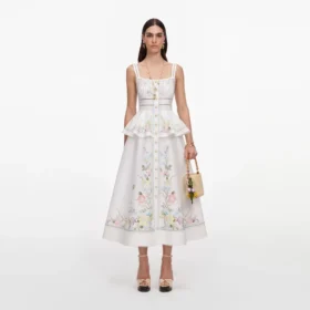 White Floral Linen Blend Peplum Midi Dress