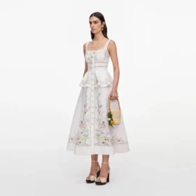 White Floral Linen Blend Peplum Midi Dress